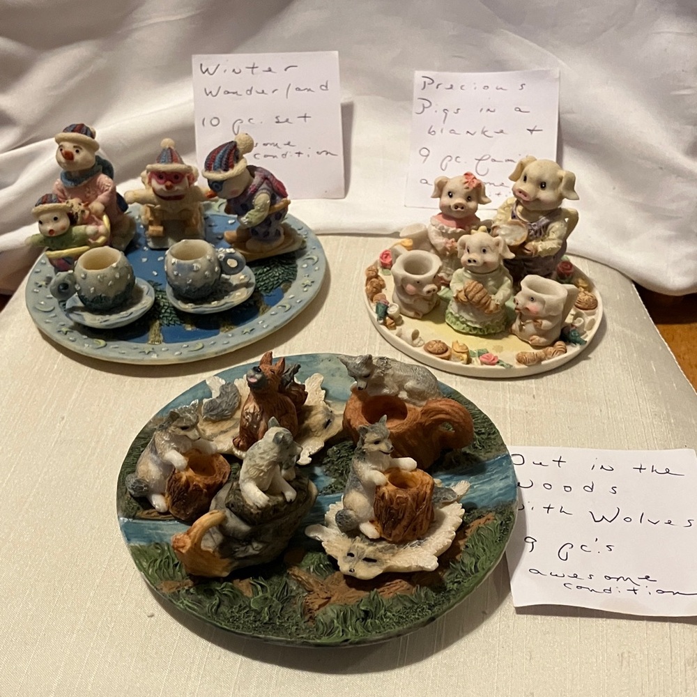 3 sets of mini ceramic tea sets. Animal n snow people  all in near perfect